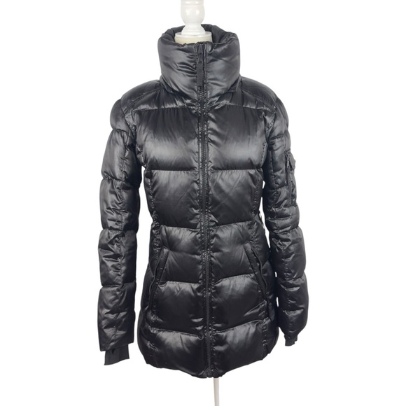 S13 NY Kylie Down Puffer Jacket Women S Black Nylon Coat Cuff Thumbholes No Hood - Picture 1 of 15